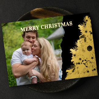 Tarjeta Festiva Con Relieve Metalizado Foto de familia elegante árbol dorado negro