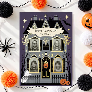 Tarjeta Festiva Con Relieve Metalizado Foto de familia en casa embrujada Halloween