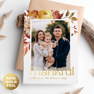 Tarjeta Festiva Con Relieve Metalizado Foto de familia floral de otoño dorado agradecido