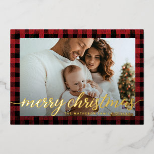 Tarjeta Festiva Con Relieve Metalizado Foto de familia moderna en cuadros rojos Navidad G