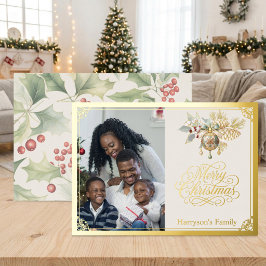 Tarjeta Festiva Con Relieve Metalizado Foto de familia personalizada Feliz Navidad en oro
