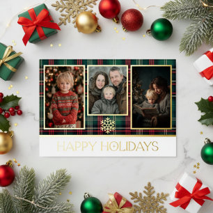 Tarjeta Festiva Con Relieve Metalizado Foto de Felices Fiestas con Cuadros Escoceses Rojo