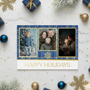 Tarjeta Festiva Con Relieve Metalizado Foto de Felices Fiestas con Cuadros Tartán Azul y 