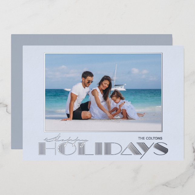 Tarjeta Festiva Con Relieve Metalizado Foto de Felices Fiestas Plateado (Anverso/Reverso)