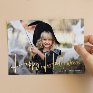 Tarjeta Festiva Con Relieve Metalizado Foto de Feliz Halloween con Letra Manuscrita