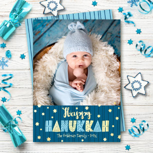 Tarjeta Festiva Con Relieve Metalizado Foto de Feliz Janucá en Azul Dorado Real Moderno y