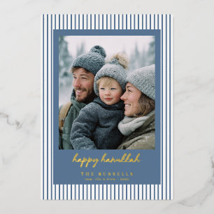 Tarjeta Festiva Con Relieve Metalizado Foto de Feliz Janucá Rayada Azul