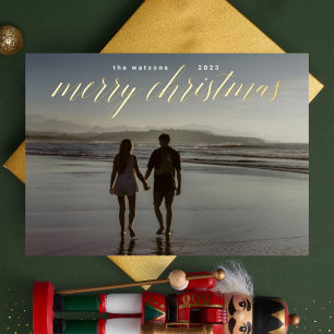 Tarjeta Festiva Con Relieve Metalizado Foto de Feliz Navidad con Caligrafía en Oro Prensa