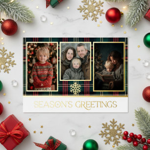 Tarjeta Festiva Con Relieve Metalizado Foto de Feliz Navidad con Cuadros Escoceses Rojo y