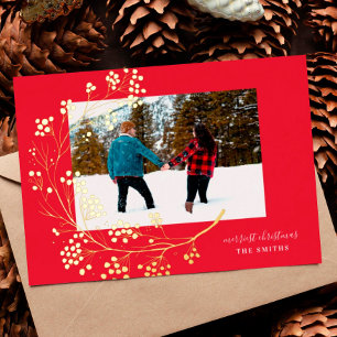 Tarjeta Festiva Con Relieve Metalizado Foto de Feliz Navidad en Oro Invierno Natural Rojo