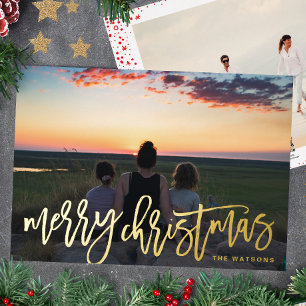 Tarjeta Festiva Con Relieve Metalizado Foto de Feliz Navidad escrita a mano en oro