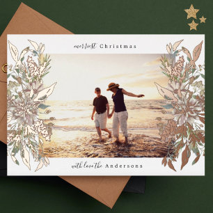 Tarjeta Festiva Con Relieve Metalizado Foto de Feliz Navidad Rosa Dorada Botánica Floral