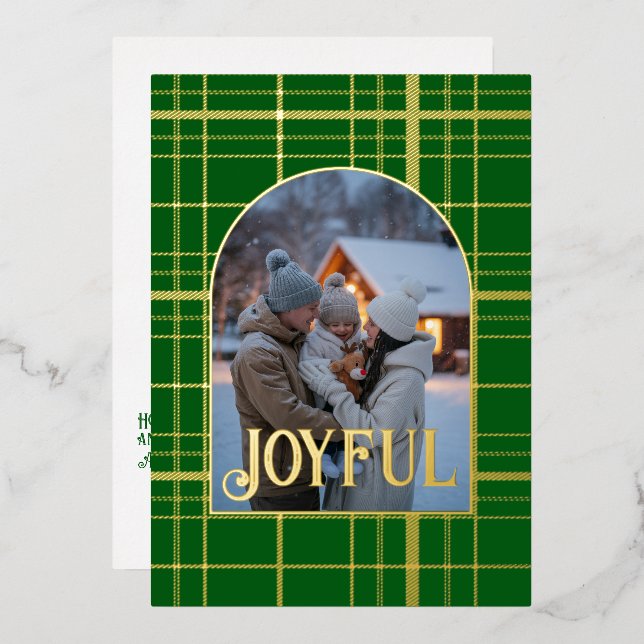 Tarjeta Festiva Con Relieve Metalizado Foto de feriado de los Navidades Green & Gold Ging (Anverso/Reverso)