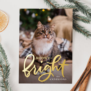 Tarjeta Festiva Con Relieve Metalizado Foto de gato con guión Meowy y Bright