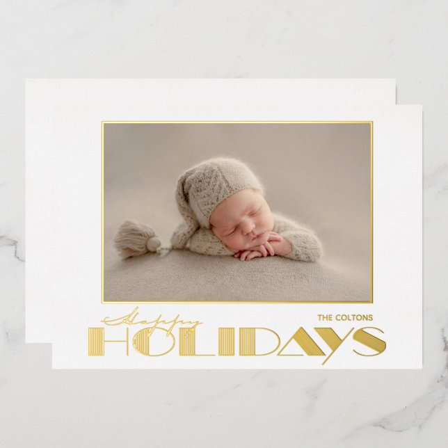 Tarjeta Festiva Con Relieve Metalizado Foto de Gold Happy Holidays (Anverso/Reverso)