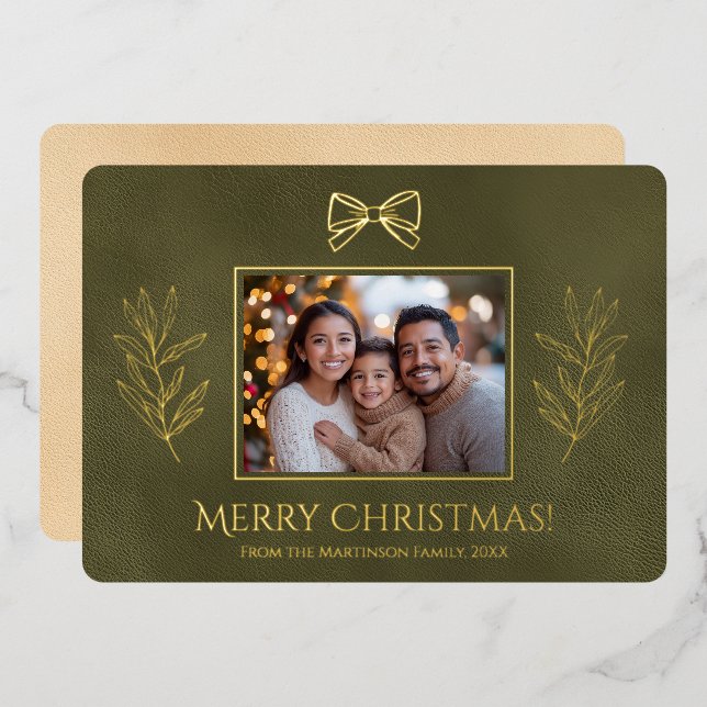 Tarjeta Festiva Con Relieve Metalizado Foto de Green Merry Christmas and Brands (Anverso/Reverso)