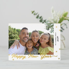 Tarjeta Festiva Con Relieve Metalizado Foto de guión de Feliz Año Nuevo en oro