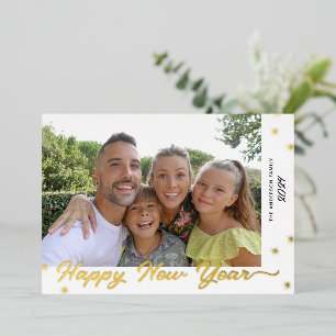 Tarjeta Festiva Con Relieve Metalizado Foto de guión de Feliz Año Nuevo en oro