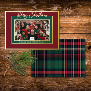 Tarjeta Festiva Con Relieve Metalizado Foto de guión de Navidad de cuadros rojos y verdes