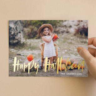 Tarjeta Festiva Con Relieve Metalizado Foto de Halloween con Letra a Mano