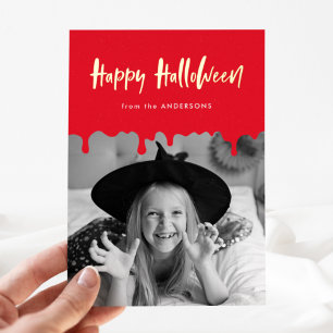 Tarjeta Festiva Con Relieve Metalizado Foto de Halloween con Sangre Roja Goteando