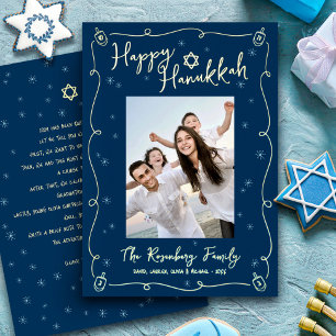 Tarjeta Festiva Con Relieve Metalizado Foto de Hanukkah en azul marino Dibujada a mano co