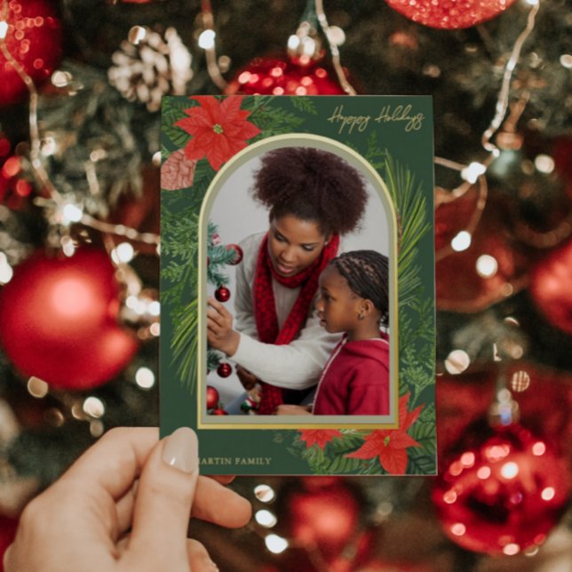 Tarjeta Festiva Con Relieve Metalizado Foto de Holiday Poinsettia y Greenery (Subido por el creador)