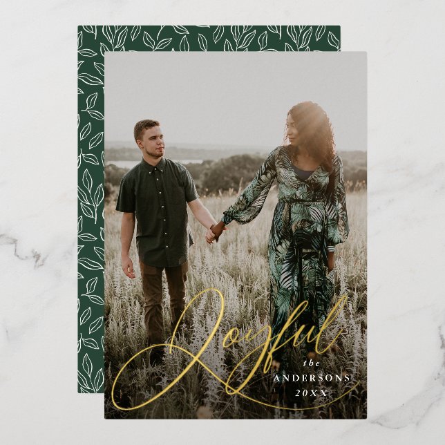 Tarjeta Festiva Con Relieve Metalizado Foto de Joyful Elegance Script (Anverso/Reverso)
