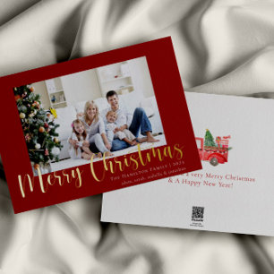 Tarjeta Festiva Con Relieve Metalizado Foto de la familia Gold Merry Christmas