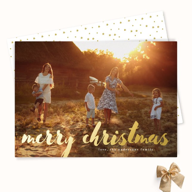 Tarjeta Festiva Con Relieve Metalizado Foto de la familia Gold Merry Christmas Letters (Subido por el creador)