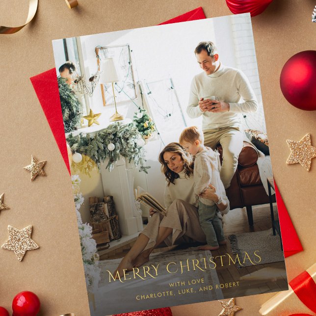 Tarjeta Festiva Con Relieve Metalizado Foto de la familia navidades Elegant Gold (Christmas Greetings Family Photo Gold Foil)