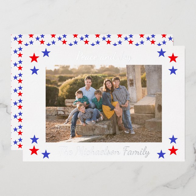 Tarjeta Festiva Con Relieve Metalizado Foto de la familia Patriotic Stars (Anverso/Reverso)