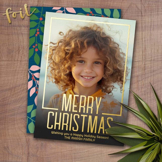 Tarjeta Festiva Con Relieve Metalizado Foto de la frontera navideña del merry botánico Ve (Photo Christmas Card with Gold Foil Accent - Modern Merry Christmas)