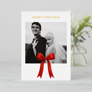 Tarjeta Festiva Con Relieve Metalizado Foto de lazo rojo lindo Feliz Navidad
