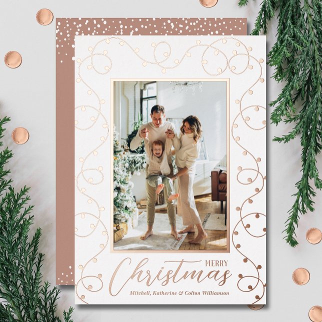 Tarjeta Festiva Con Relieve Metalizado Foto de los navidades Luces (Rose gold foil Christmas lights photo holiday cards)