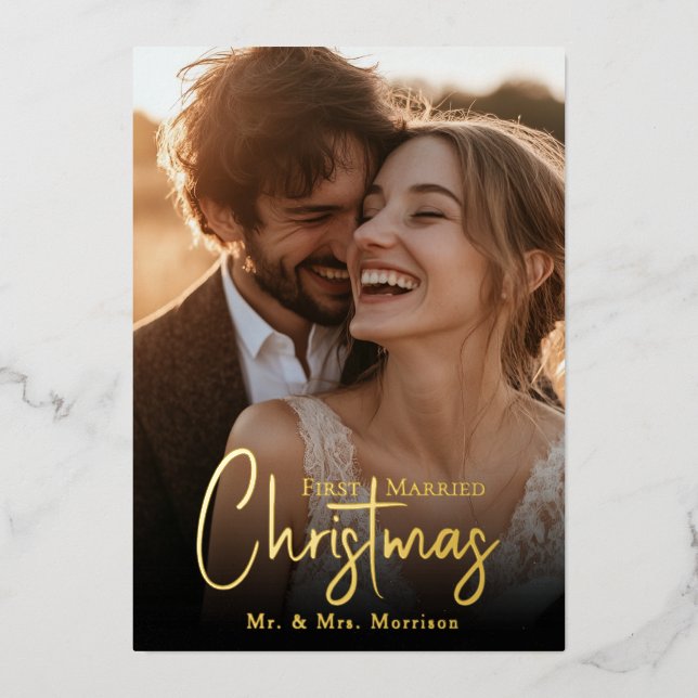 Tarjeta Festiva Con Relieve Metalizado Foto de los primeros Navidades casados (Anverso)