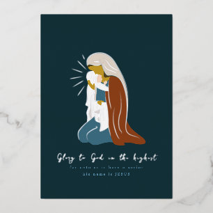 Tarjeta Festiva Con Relieve Metalizado Foto de María y el Niño Jesús Navidad
