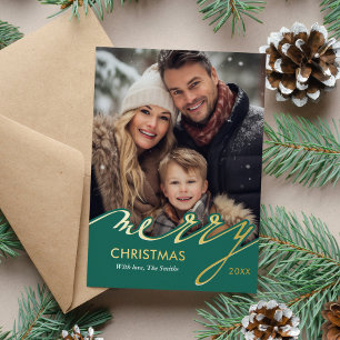 Tarjeta Festiva Con Relieve Metalizado Foto de Merry Christmas Script