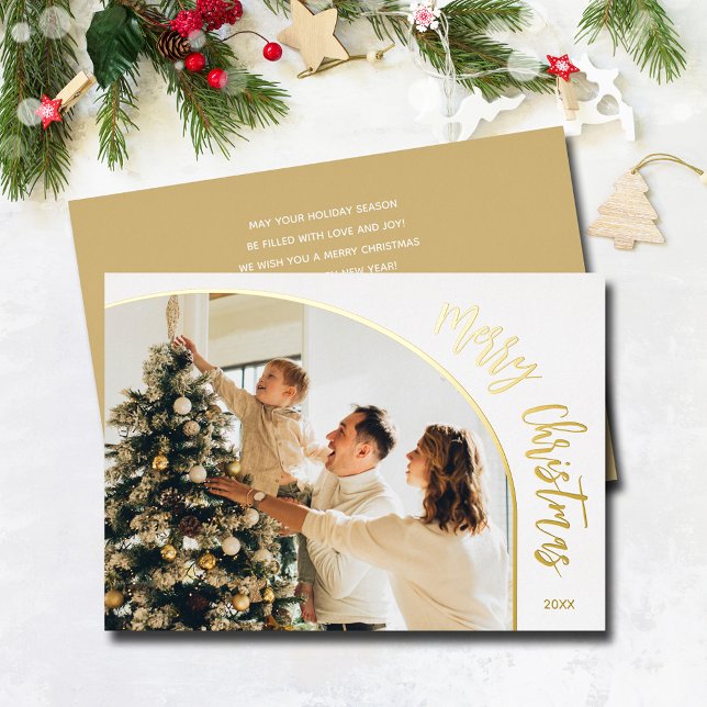 Tarjeta Festiva Con Relieve Metalizado Foto de Merry Christmas Script (Merry Christmas script REAL gold foil holiday photo cards)