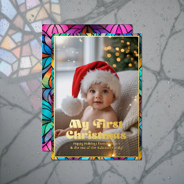 Tarjeta Festiva Con Relieve Metalizado Foto de mi primer bebé de Navidad con vidrio templ