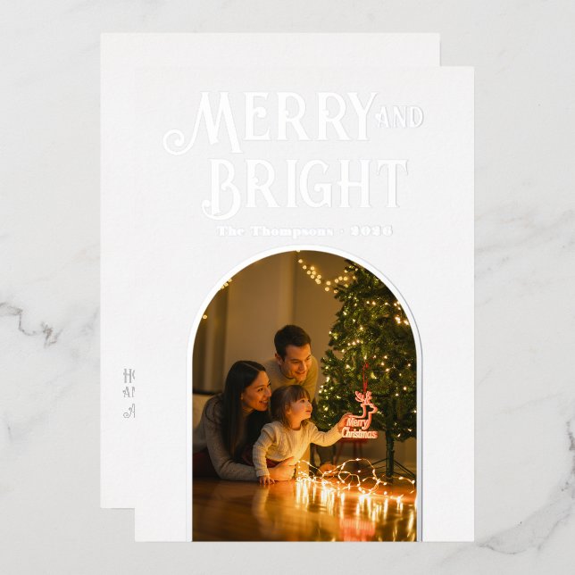 Tarjeta Festiva Con Relieve Metalizado Foto de Navidad Blanca y Plateada Moderna (Anverso/Reverso)