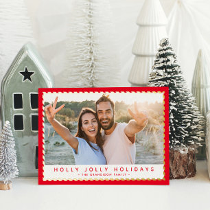 Tarjeta Festiva Con Relieve Metalizado FOTO DE NAVIDAD borde dorado simple y elegante roj