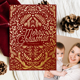 Tarjeta Festiva Con Relieve Metalizado Foto de Navidad Botánico Rojo Dorado Vintage Feliz