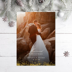 Tarjeta Festiva Con Relieve Metalizado Foto de Navidad Casados con Destellos de Oro