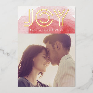 Tarjeta Festiva Con Relieve Metalizado Foto de Navidad con acuarela roja y JOY de ORO