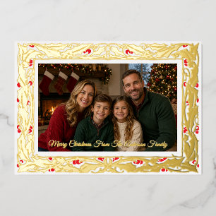 Tarjeta Festiva Con Relieve Metalizado Foto de Navidad con borde de acebo