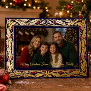 Tarjeta Festiva Con Relieve Metalizado Foto de Navidad con borde de acebo