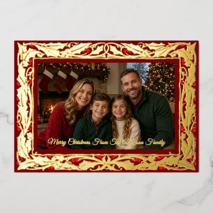 Tarjeta Festiva Con Relieve Metalizado Foto de Navidad con borde de acebo