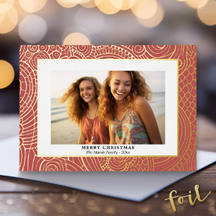 Tarjeta Festiva Con Relieve Metalizado Foto de Navidad con borde dorado texturizado