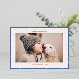Tarjeta Festiva Con Relieve Metalizado Foto de Navidad con copos de nieve de lunares azul